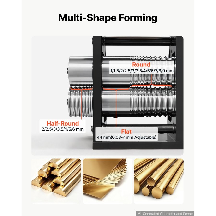 VEVOR Rolling Mill 3-in-1 Round Flat Half-Round Forming Roller Mill Machine, Manual Jewelry DIY Tool, 0.03-7 mm Adjustable Thickness, Stable & Even Rolling, for Ductile Metals, Gold, Silver, Copper