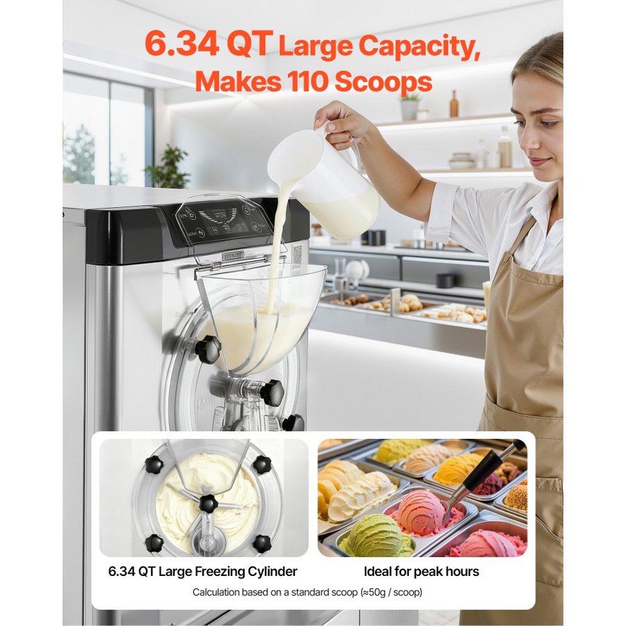 VEVOR Commercial Hard Ice Cream Machine, 2000W 12-20L per Hour, Countertop Gelato Hard Serve Ice Cream Maker with 6L 304 Stainless Steel Cylinder, Auto Clean LED Panel for Snack Bar and Restaurants