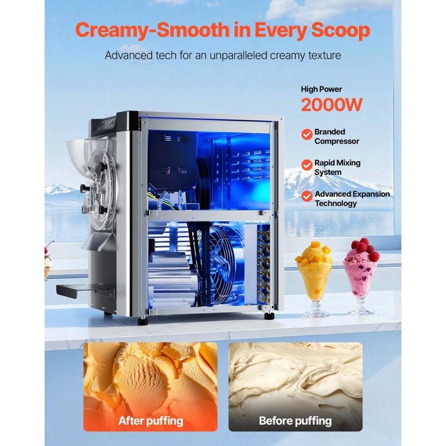 VEVOR Commercial Hard Ice Cream Machine, 2000W 12-20L per Hour, Countertop Gelato Hard Serve Ice Cream Maker with 6L 304 Stainless Steel Cylinder, Auto Clean LED Panel for Snack Bar and Restaurants