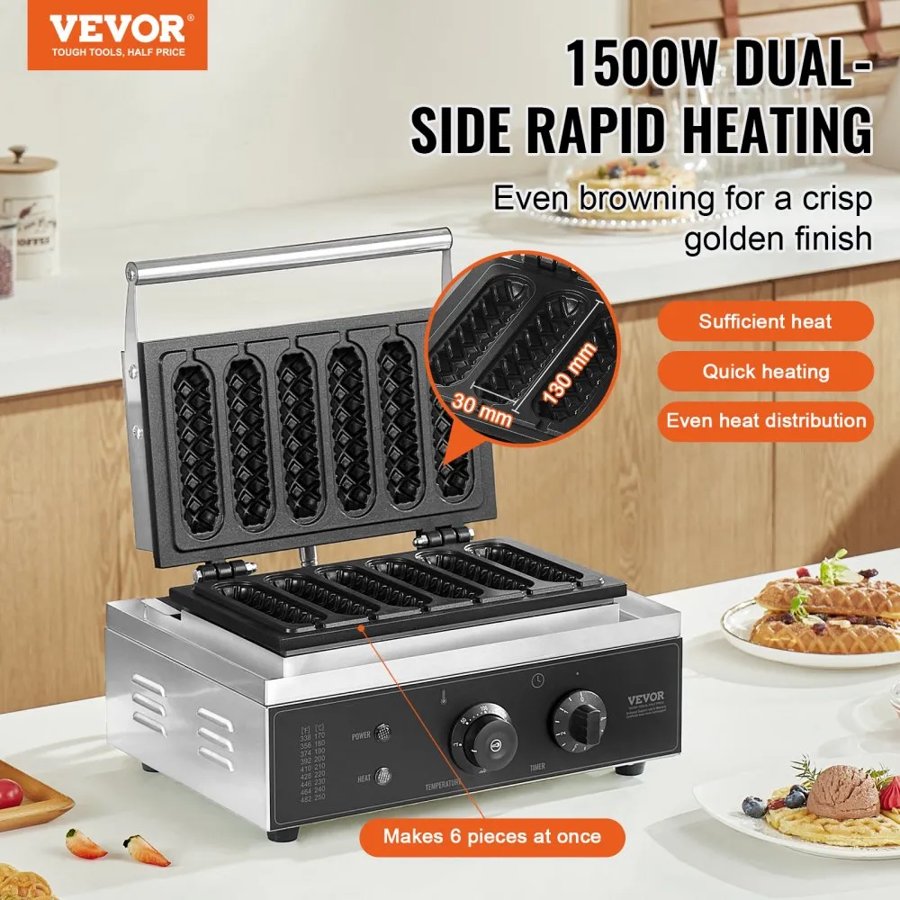 VEVOR Commercial Waffle Stick Maker – 6PCS, 1500W