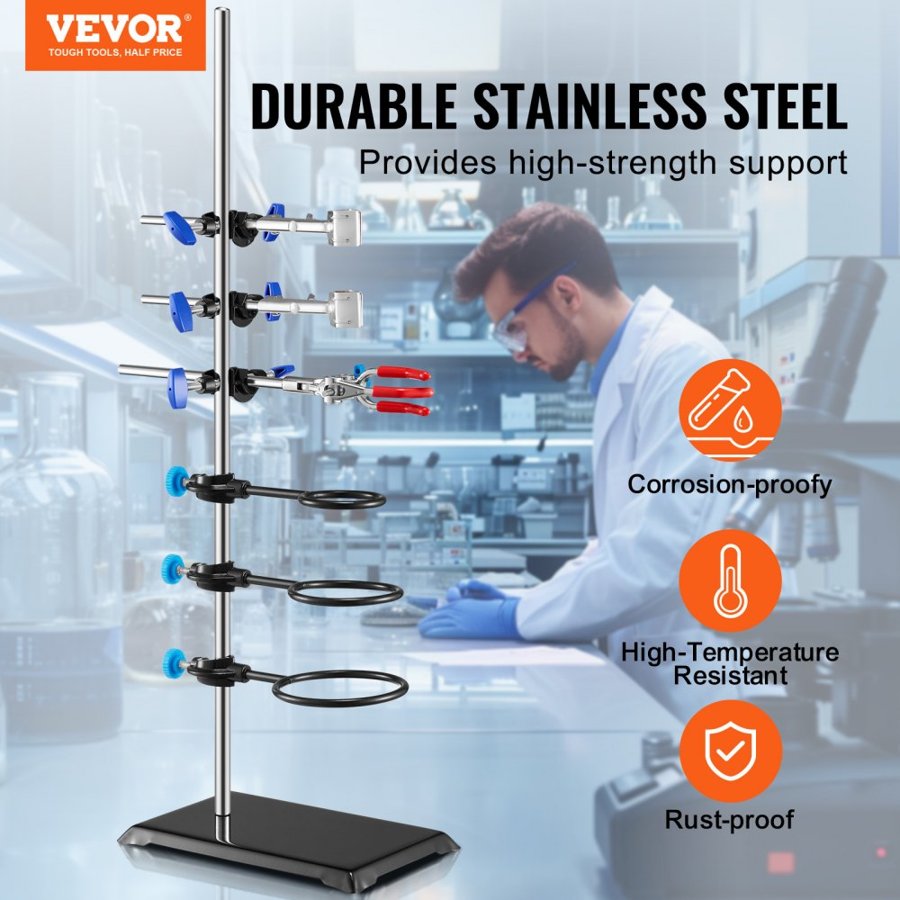 VEVOR Lab Stand Support, Laboratory Retort Support Stand Set, Steel Lab Stand 59.9 cm Rod and 21.1 x 13.5 cm Cast Iron Base, Includes Flask Clamps, a Burette Clamp and Cross Clamps