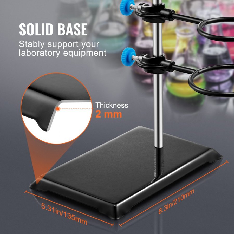 VEVOR Lab Stand Support, Laboratory Retort Support Stand Set, Steel Lab Stand 59.9 cm Rod and 21.1 x 13.5 cm Cast Iron Base, Includes Flask Clamps, a Burette Clamp and Cross Clamps