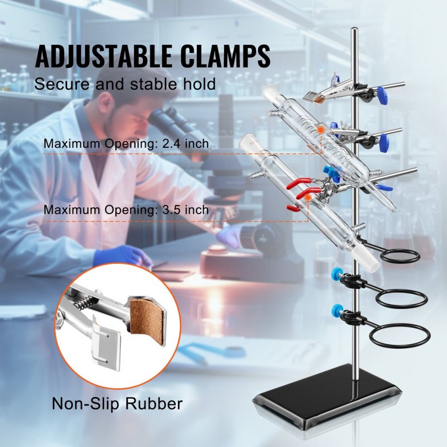 VEVOR Lab Stand Support, Laboratory Retort Support Stand Set, Steel Lab Stand 59.9 cm Rod and 21.1 x 13.5 cm Cast Iron Base, Includes Flask Clamps, a Burette Clamp and Cross Clamps