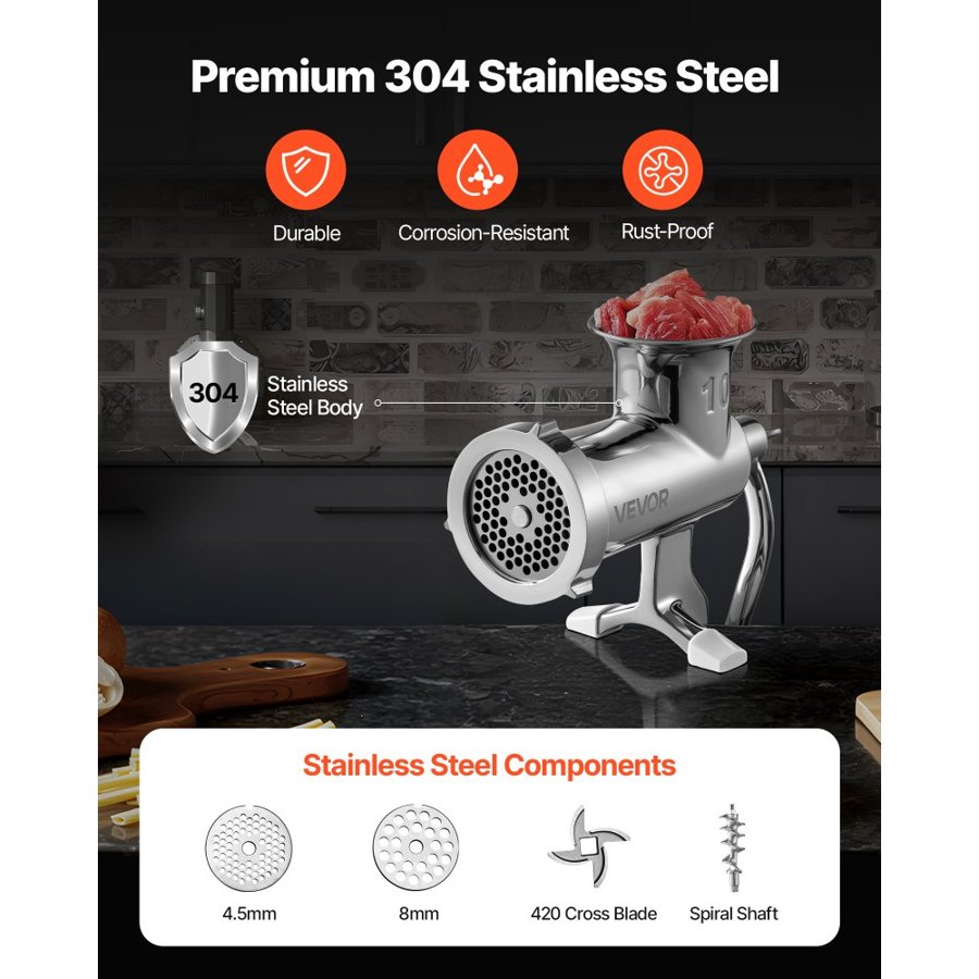 VEVOR Manual Meat Grinder, 304 Stainless Steel Hand Meat Grinder with Steel Table Clamp, Meat Mincer Sausage Maker with 1 Cutting Blade, 2 Cutting Plates, Sausage Tube for Beef Pork Pepper Mushroom