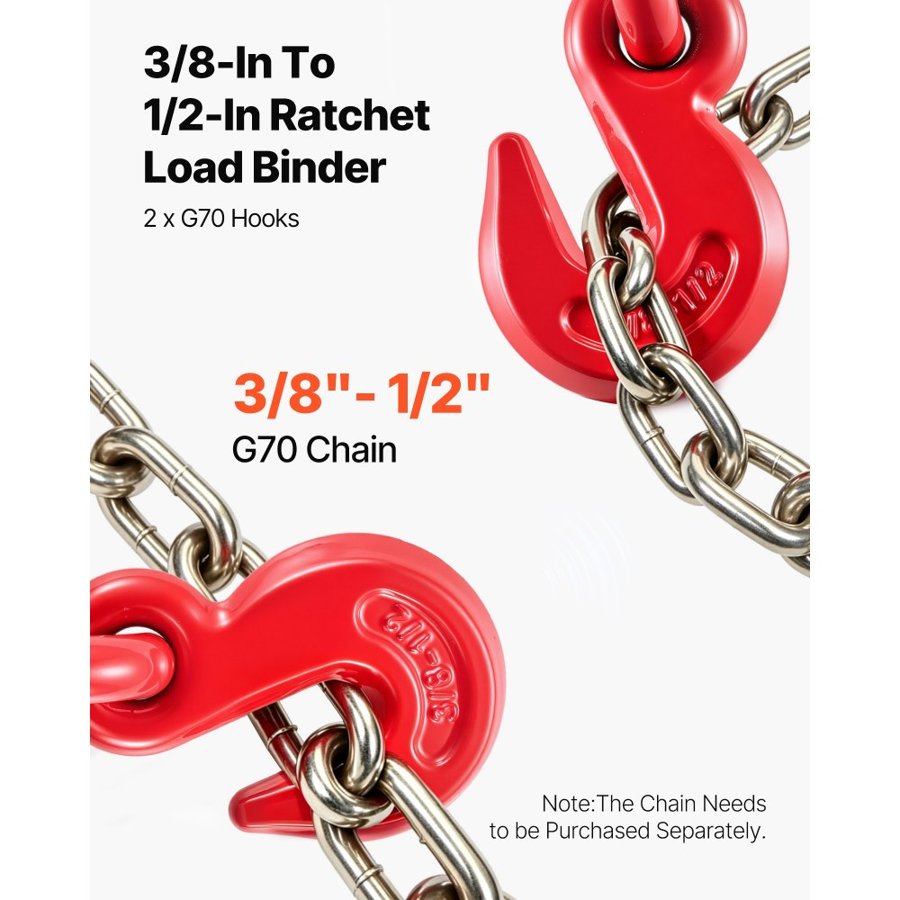 VEVOR 9215LBS 3/8" – 1/2" Ratchet Binders 9,215 LBS Secure Working Load, G70 Hooks and Adjustable Length, for Grade 70-80 Chains, Tie Down, Hauling, Towing, 2-Pack, Red