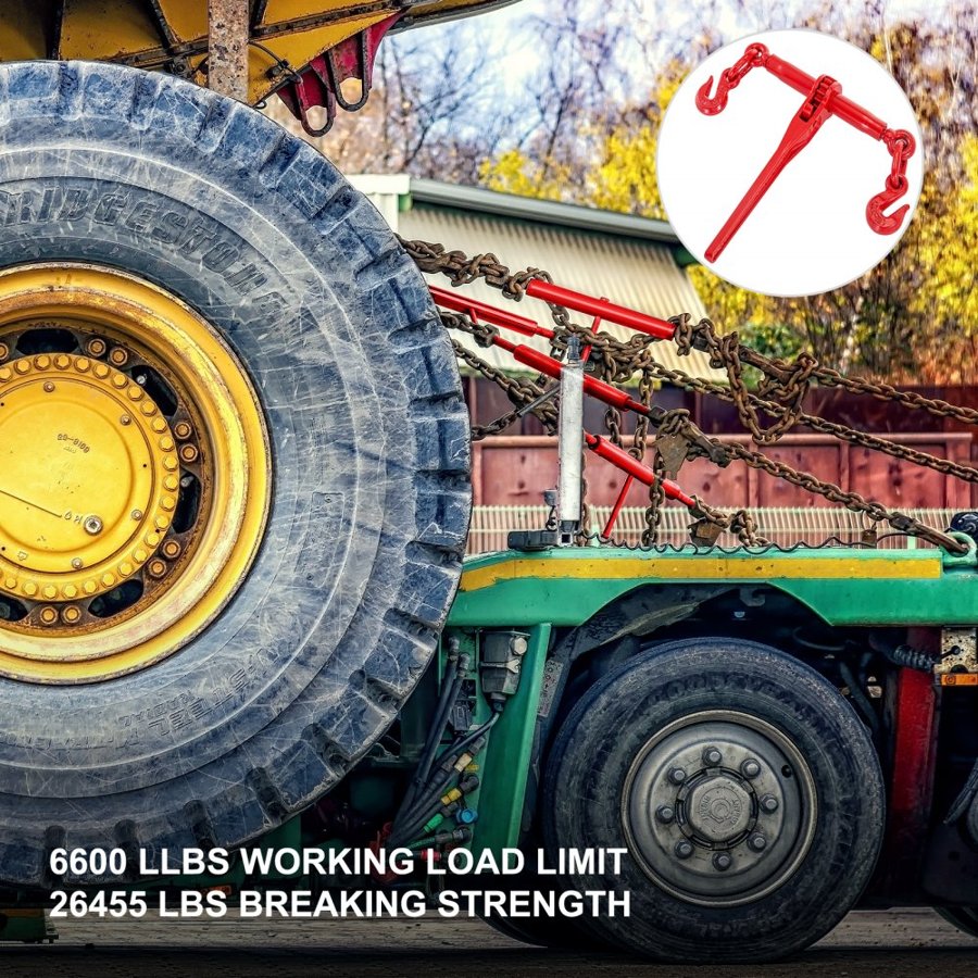 VEVOR Chain Binder 5/16-3/8, Ratchet Load Binder 6600lbs Capacity, Ratchet Lever Binder with G70 Hooks, Adjustable Length, Ratchet Chain Binder for Tie Down, Hauling, Towing, Red