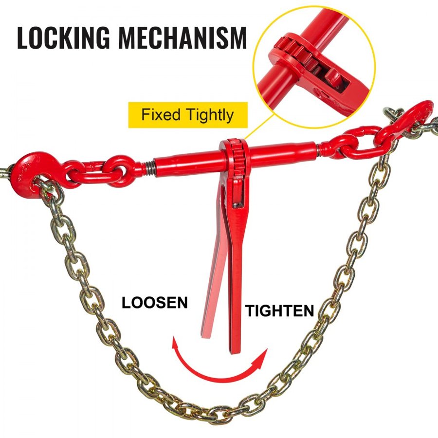 VEVOR Chain Binder 5/16-3/8, Ratchet Load Binder 6600lbs Capacity, Ratchet Lever Binder with G70 Hooks, Adjustable Length, Ratchet Chain Binder for Tie Down, Hauling, Towing, Red