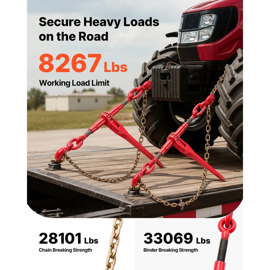 VEVOR Chain and Binder Kit 3/8in-1/2in, Ratchet Load Binders 9215lbs Working Strength, Ratchet Binders and Chains, 3/8in x 10ft Chains with G70 Hooks, for Truck, Tie Down, Hauling, Towing