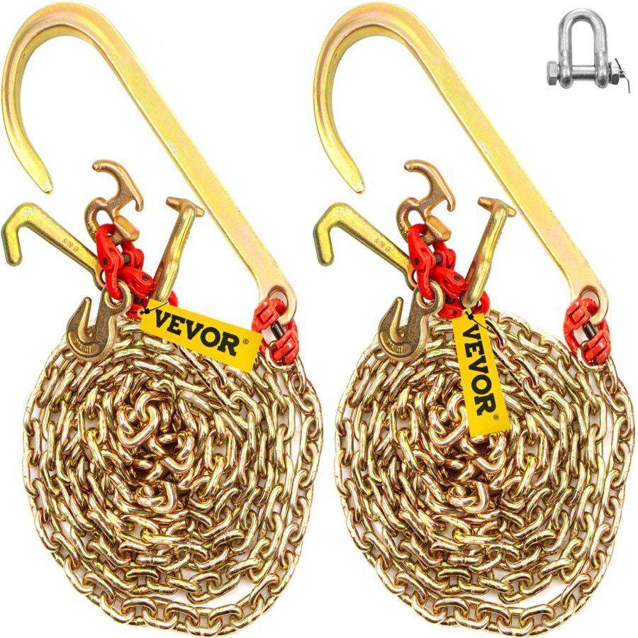 VEVOR J Hook Chain, 2PCS 5/16" x 10' G80 15" Long Shank J Hook Tow Chain with RTJ Cluster Hook & Grab Hook, 5400 lbs Working Load, Heavy Duty Transport Truck Chain for Wrecker Recovery Trailer Towing