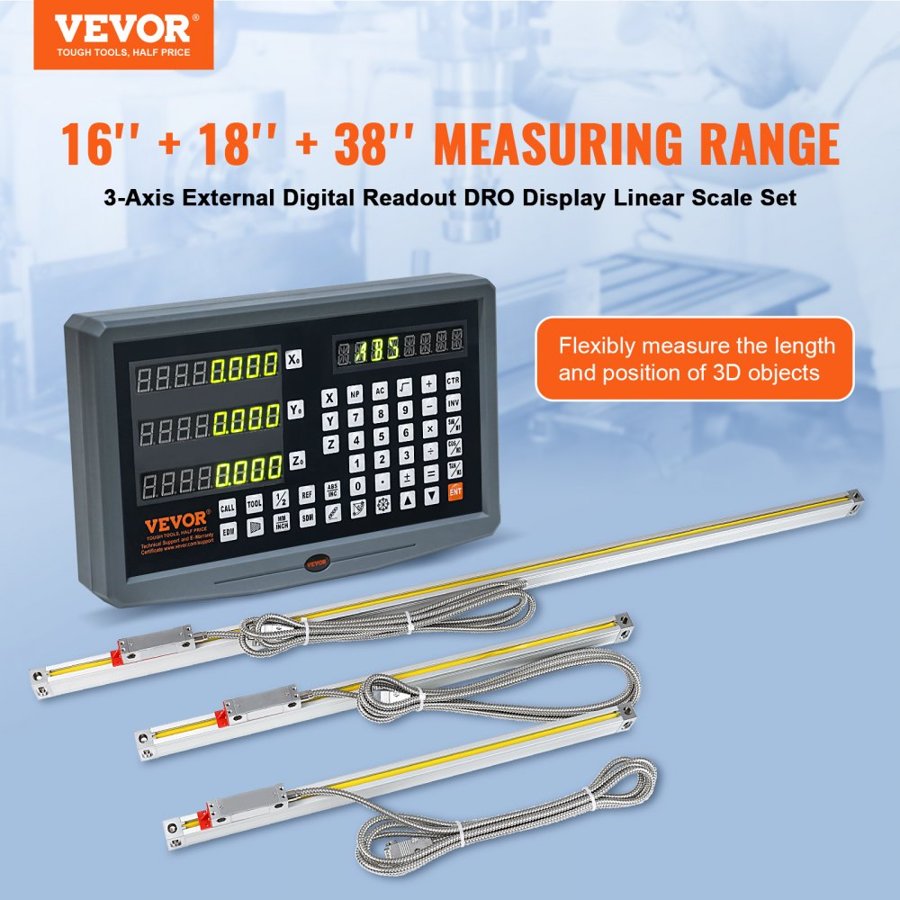 VEVOR Digital Readout 40.64 cm & 45.72 cm & 96.52 cm Linear Scale 3 Axis DRO Display Kit