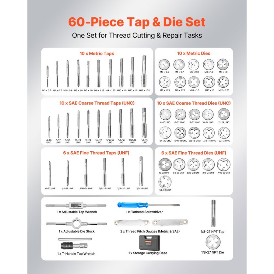 VEVOR Metric Tap and Die Set – 60-Pc M3-M12, 58-62 HRC