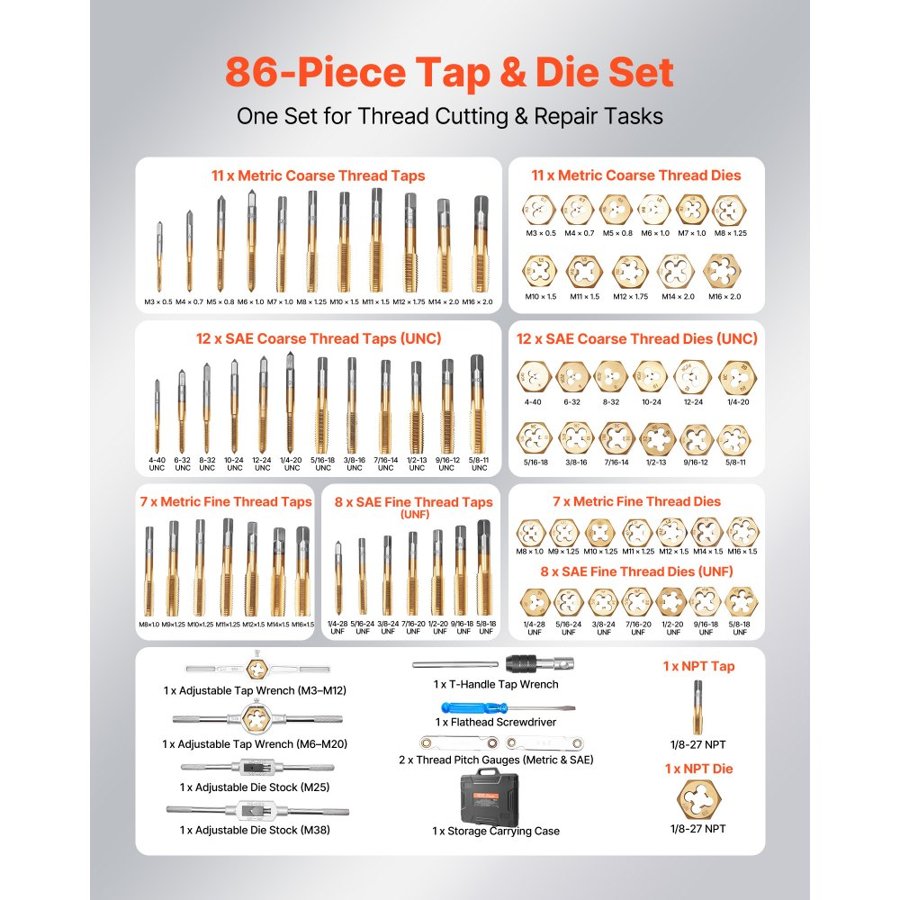 VEVOR Metric Tap and Die Set – 86-Piece, M3–M12, Metric