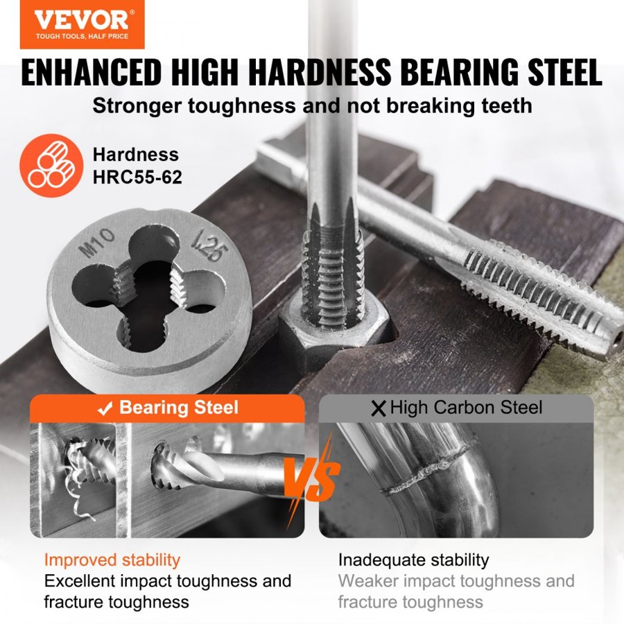 VEVOR Tap and Die Set, 40-Piece Include Metric Size M3 to M12, Bearing Steel Taps and Dies, Essential Threading Tool for Cutting External Internal Threads, with Complete Accessories and Storage Case