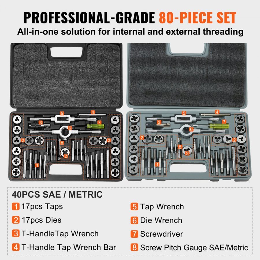 VEVOR Tap and Die Set, 80-Piece Metric and SAE Standard, Bearing Steel Taps and Dies, Essential Threading Tool for Cutting External Internal Threads, with Complete Accessories and Storage Case