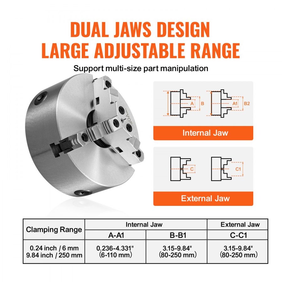 VEVOR 3-Jaw Lathe Chuck, 10'', Self-Centering Lathe Chuck, 0.24-9.84 in/6-250 mm Clamping Range with T-key Fixing Screws Hexagon Wrench, for Lathe 3D Printer Machining Center Milling Drilling Machine