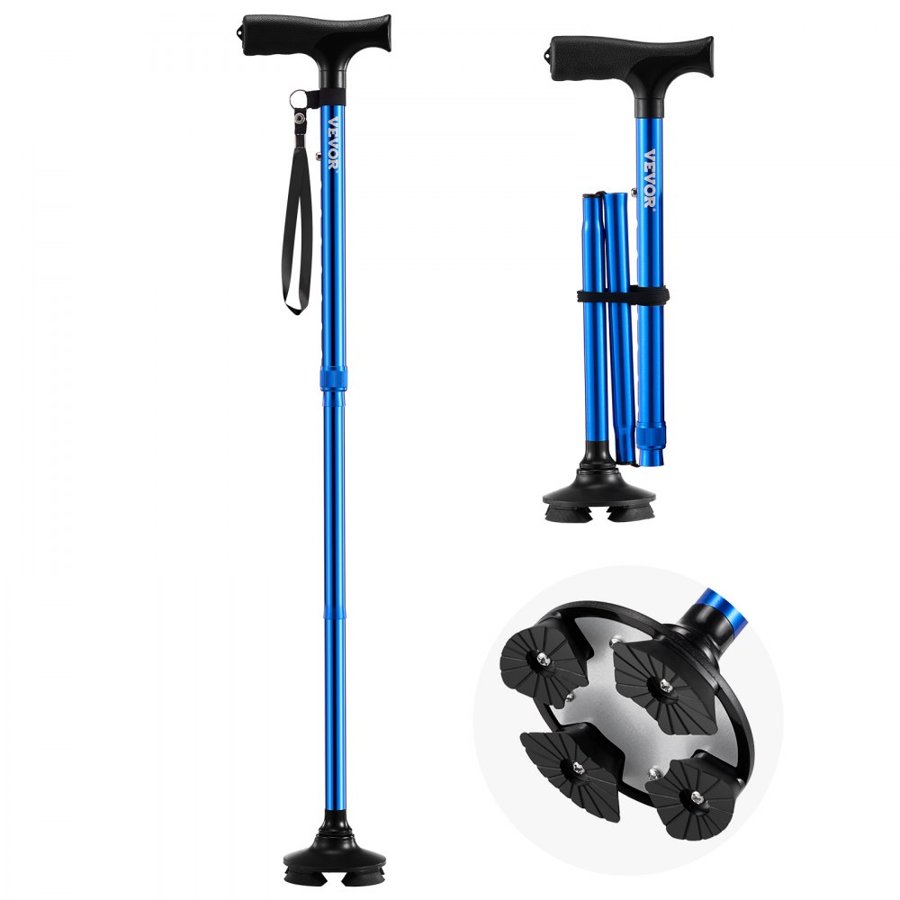 VEVOR Walking Cane for Man Woman, Folding Walking Stick with 8-Level Adjustable Height and 4-Pronged Pivoting Base, Lightweight & Portable Aluminum Mobility Aid for Senior Adult, 250LBS Loading (Blue)