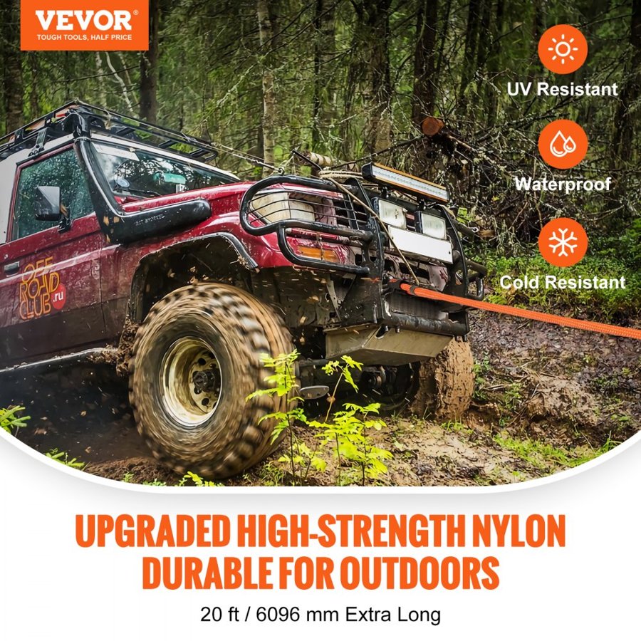 VEVOR 1" (2.54 cm) x 20'/6.1 m Kinetic Recovery Tow Rope 38,000 lbs/17,237.5 kg, Heavy-Duty Off Road Snatch Strap, Extreme Duty 30% Elasticity Energy Snatch Strap for Jeep Car Truck ATV UTV SUV Tractor