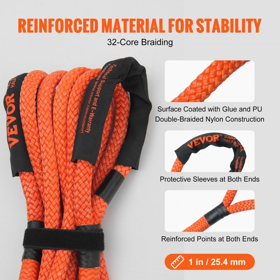 VEVOR 1" (2.54 cm) x 20'/6.1 m Kinetic Recovery Tow Rope 38,000 lbs/17,237.5 kg, Heavy-Duty Off Road Snatch Strap, Extreme Duty 30% Elasticity Energy Snatch Strap for Jeep Car Truck ATV UTV SUV Tractor