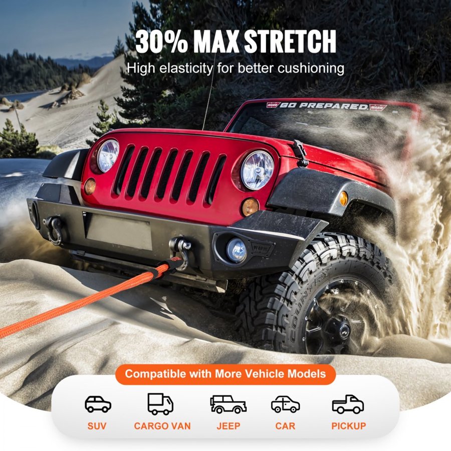 VEVOR 1" (2.54 cm) x 20'/6.1 m Kinetic Recovery Tow Rope 38,000 lbs/17,237.5 kg, Heavy-Duty Off Road Snatch Strap, Extreme Duty 30% Elasticity Energy Snatch Strap for Jeep Car Truck ATV UTV SUV Tractor