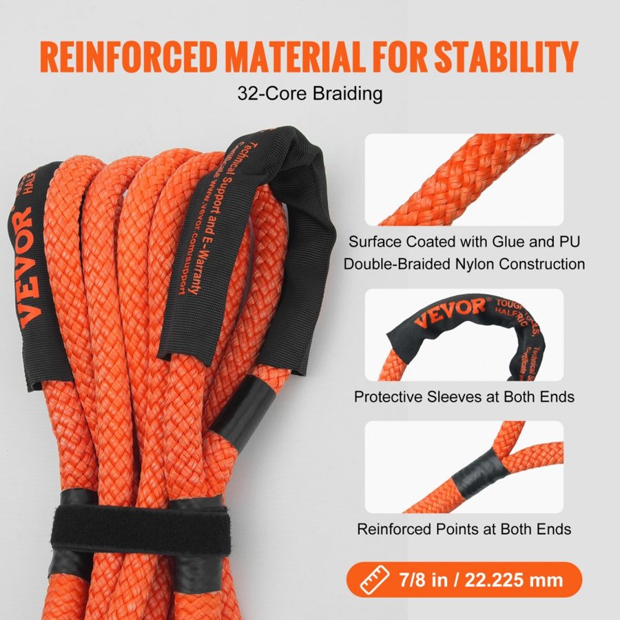 VEVOR 7/8" (2.2 cm) x 20'/6.1 m Kinetic Recovery Tow Rope 30,580 lbs/13,876.4 kg, Heavy-Duty Off Road Snatch Strap, Extreme Duty 30% Elasticity Energy Snatch Strap for Jeep Car Truck ATV UTV SUV Tractor