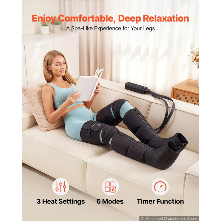 VEVOR Leg Compression Massager 6 Massage Modes Air Compression Leg Massager, For Daily Relaxation, 9 Intensities, 3 Heat Settings, Auto Shut-Off Timer, Adjustable Wraps, with Storage Bag and Adapter