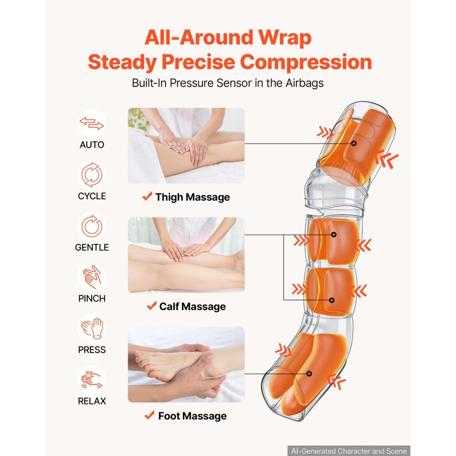 VEVOR Leg Compression Massager 6 Massage Modes Air Compression Leg Massager, For Daily Relaxation, 9 Intensities, 3 Heat Settings, Auto Shut-Off Timer, Adjustable Wraps, with Storage Bag and Adapter