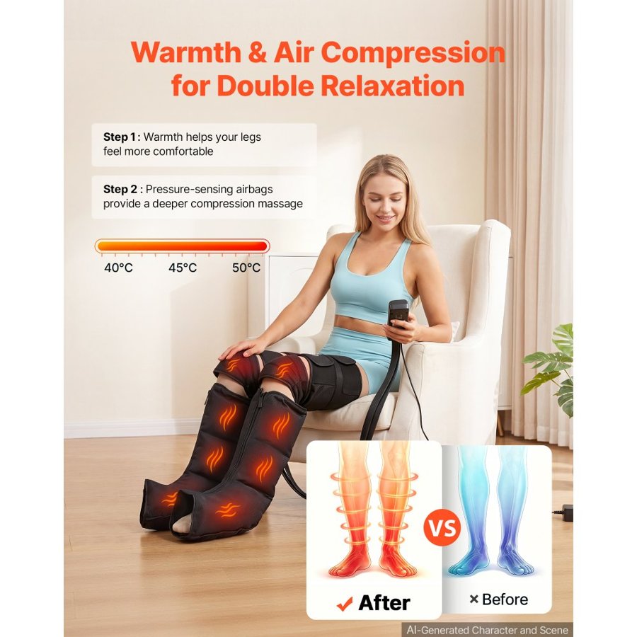 VEVOR Leg Compression Massager 6 Massage Modes Air Compression Leg Massager, For Daily Relaxation, 9 Intensities, 3 Heat Settings, Auto Shut-Off Timer, Adjustable Wraps, with Storage Bag and Adapter