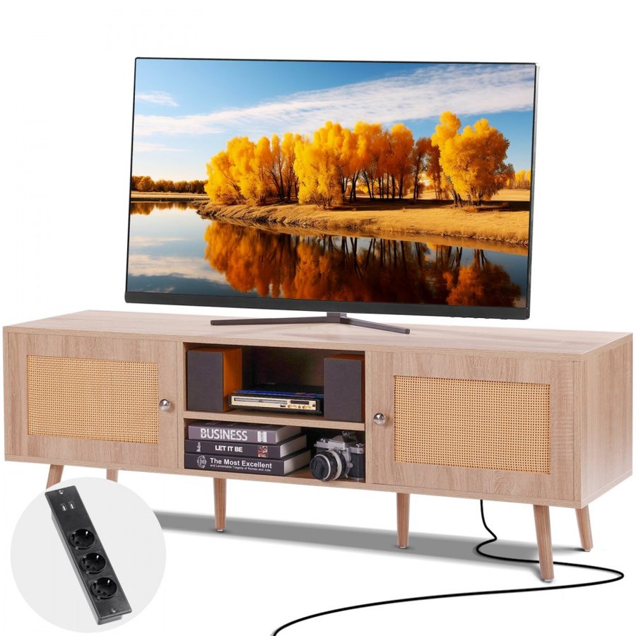 VEVOR Rattan TV Stand for 65" (165.1 cm) TV Boho TV Stand with Build-in Socket Oak