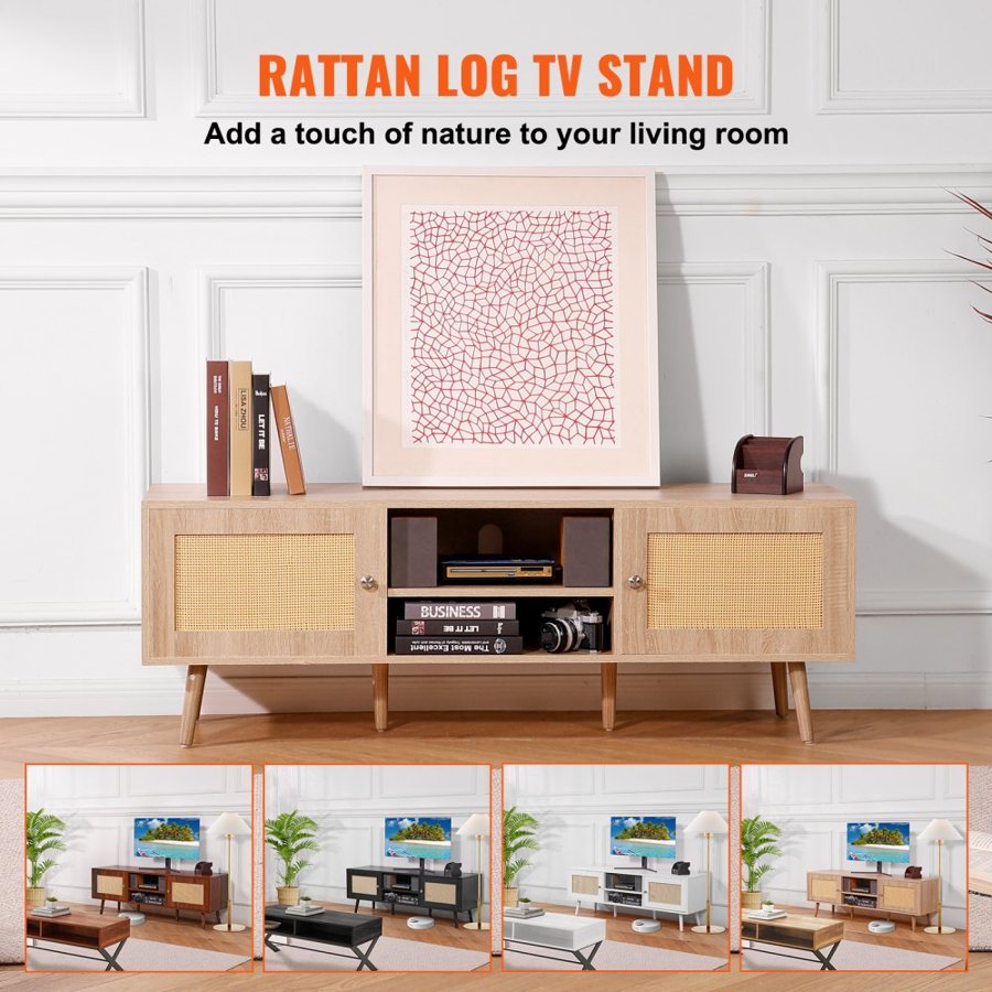 VEVOR Rattan TV Stand for 65" (165.1 cm) TV Boho TV Stand with Build-in Socket Oak