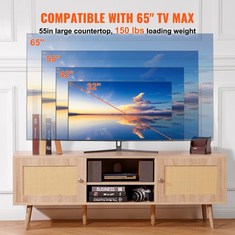 VEVOR Rattan TV Stand for 65" (165.1 cm) TV Boho TV Stand with Build-in Socket Oak