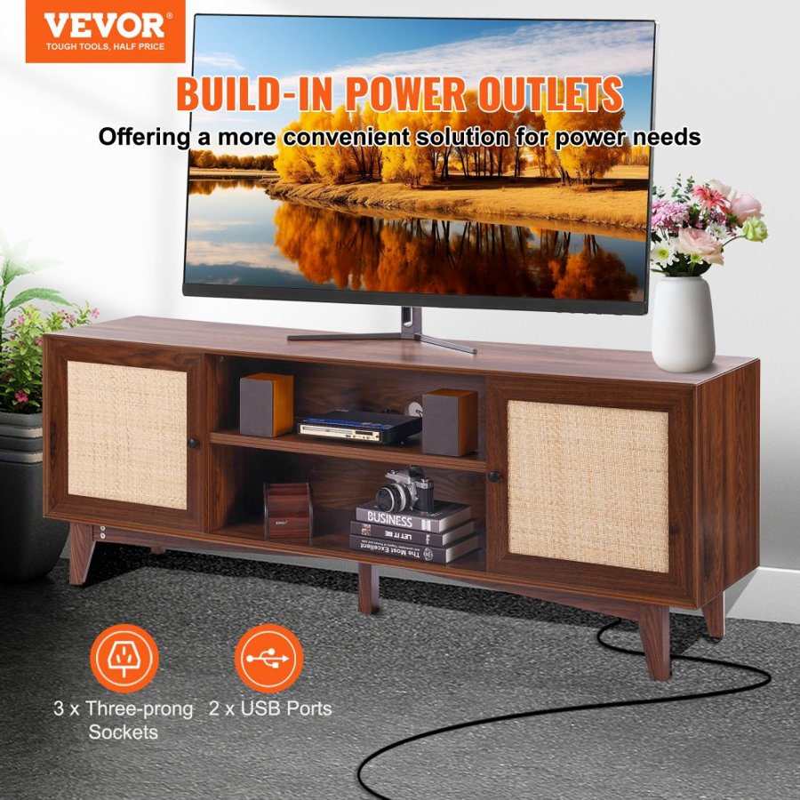 VEVOR Rattan TV Stand 191cm TV Boho TV Cabinet TV Cabinet Walnut