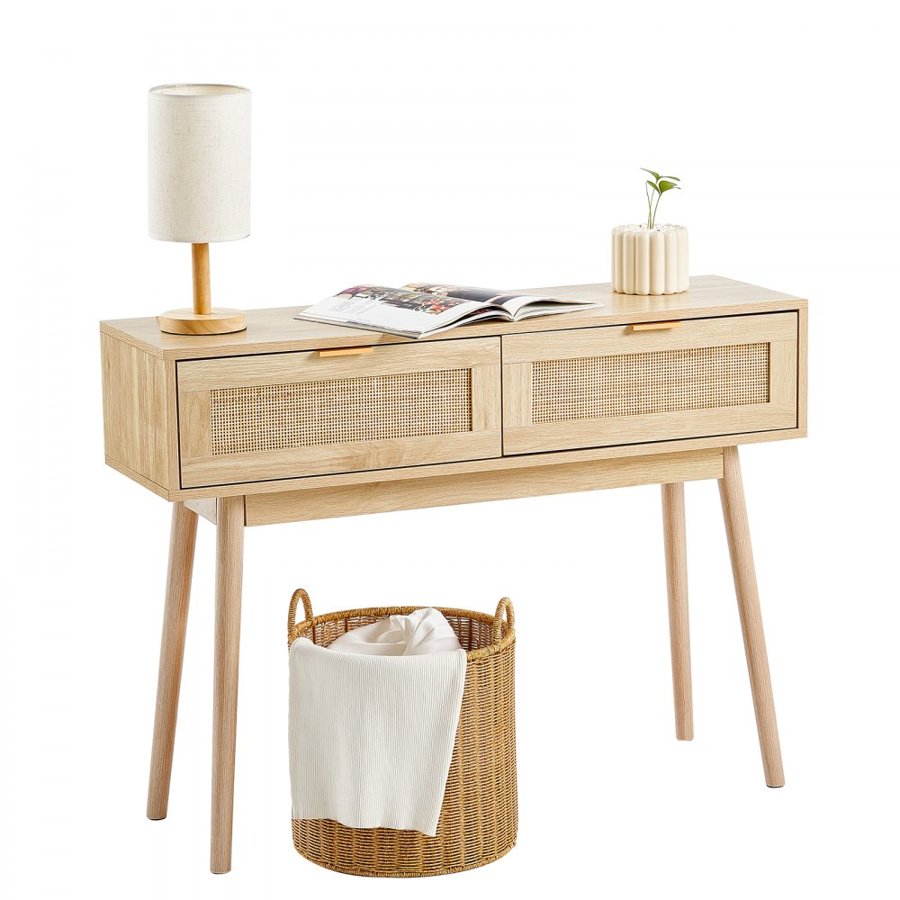 VEVOR Rattan Console Table with 2 Storage Drawers, Rattan Entryway Table with Natural Rattan Sliding Door, Console Sofa Table for Living Room, Study, Entryway Or TV Wall, Natural