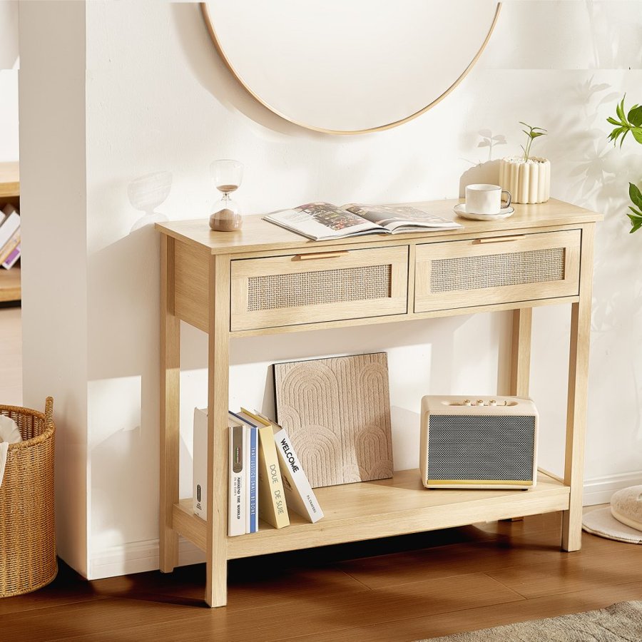 VEVOR Rattan Console Table with 2 Storage Drawers, Rattan Entryway Table with Natural Rattan Sliding Door, Console Sofa Table for Living Room, Study, Entryway Or TV Wall, Natural