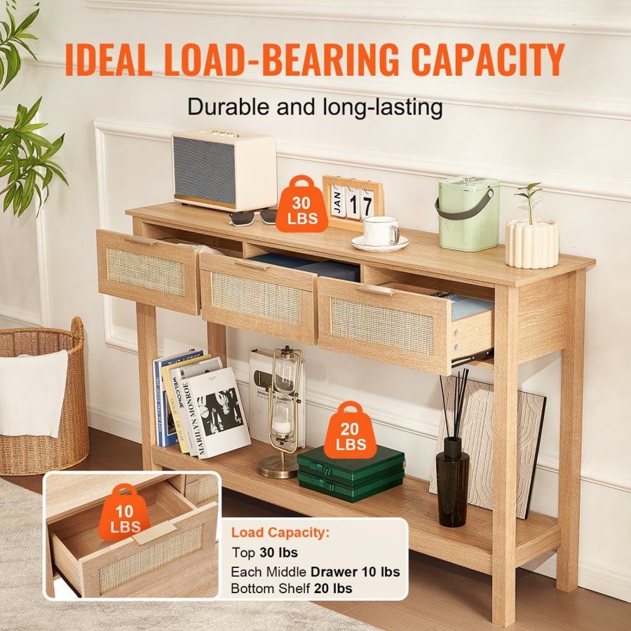 VEVOR Rattan Console Table with 3 Storage Drawers, Rattan Entryway Table with Natural Rattan Sliding Door, Console Sofa Table for Living Room, Study, Entryway Or TV Wall, Natural