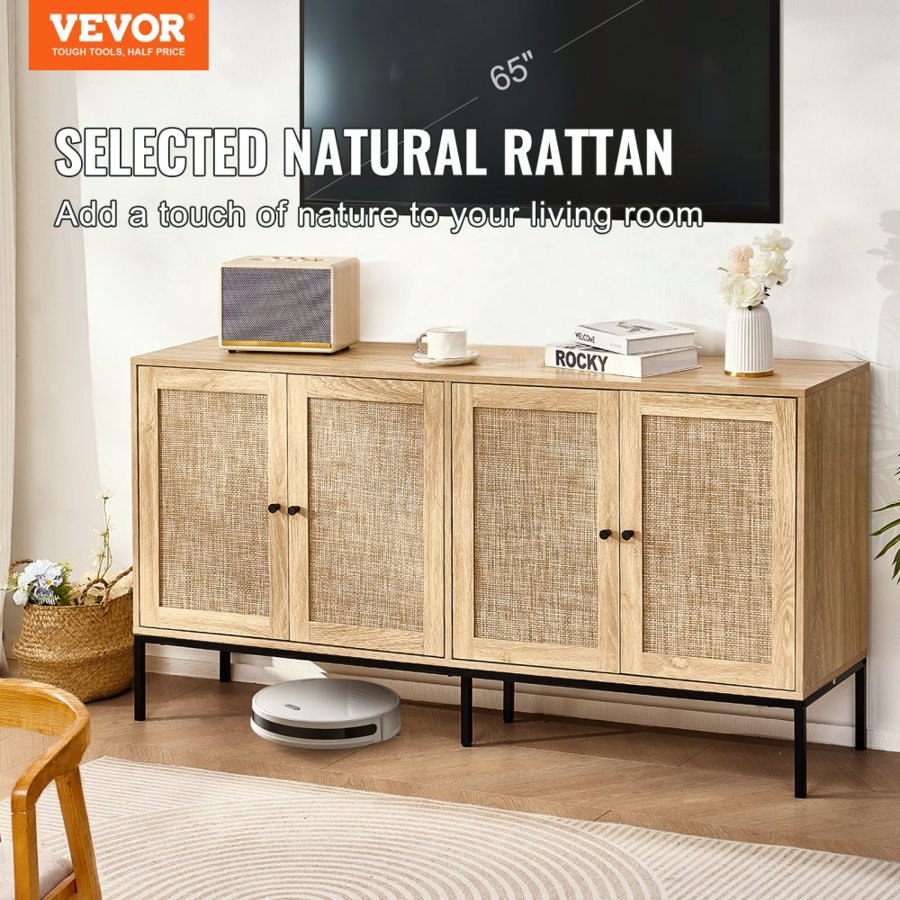 VEVOR Rattan Cabinet, Rattan Storage Cabinet with 4 Magnetic Doors and Adjustable Shelves, Sideboard Buffet Cabinet for Hallway, Entryway, Living Room, or Kitchen, Natural