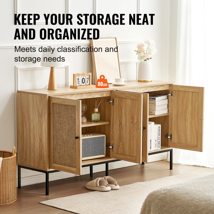 VEVOR Rattan Cabinet, Rattan Storage Cabinet with 4 Magnetic Doors and Adjustable Shelves, Sideboard Buffet Cabinet for Hallway, Entryway, Living Room, or Kitchen, Natural