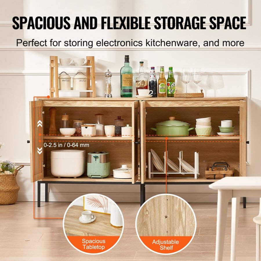 VEVOR Rattan Cabinet, Rattan Storage Cabinet with 4 Magnetic Doors and Adjustable Shelves, Sideboard Buffet Cabinet for Hallway, Entryway, Living Room, or Kitchen, Natural