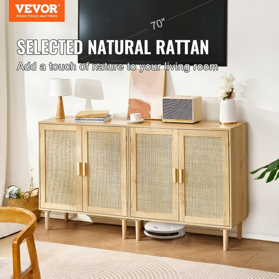 VEVOR Rattan Cabinet, Set of 2, Rattan Storage Cabinet with 4 Magnetic Doors and Adjustable Shelves, Sideboard Buffet Cabinet for Hallway, Entryway, Living Room, or Kitchen, Natural