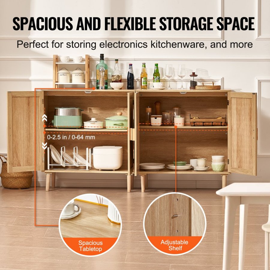 VEVOR Rattan Cabinet, Set of 2, Rattan Storage Cabinet with 4 Magnetic Doors and Adjustable Shelves, Sideboard Buffet Cabinet for Hallway, Entryway, Living Room, or Kitchen, Natural