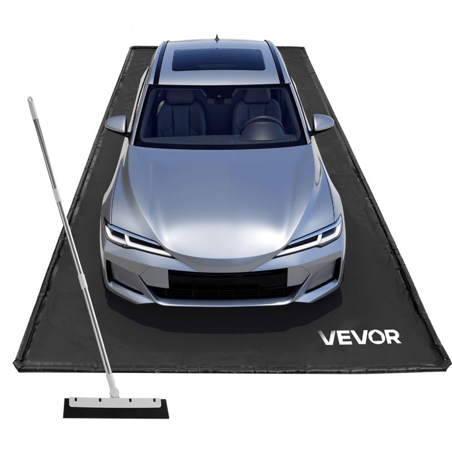 VEVOR Containment Mat, 2.4 x 5.5 m, Non-Slip PVC Garage Floor Mat with a Cleaning Squeegee Broom, Heavy Duty Durable Waterproof Containment Protection from Snow, Rain and Mud for Cars Parking, Black