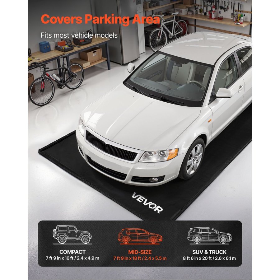 VEVOR Containment Mat, 2.4 x 5.5 m, Non-Slip PVC Garage Floor Mat with a Cleaning Squeegee Broom, Heavy Duty Durable Waterproof Containment Protection from Snow, Rain and Mud for Cars Parking, Black