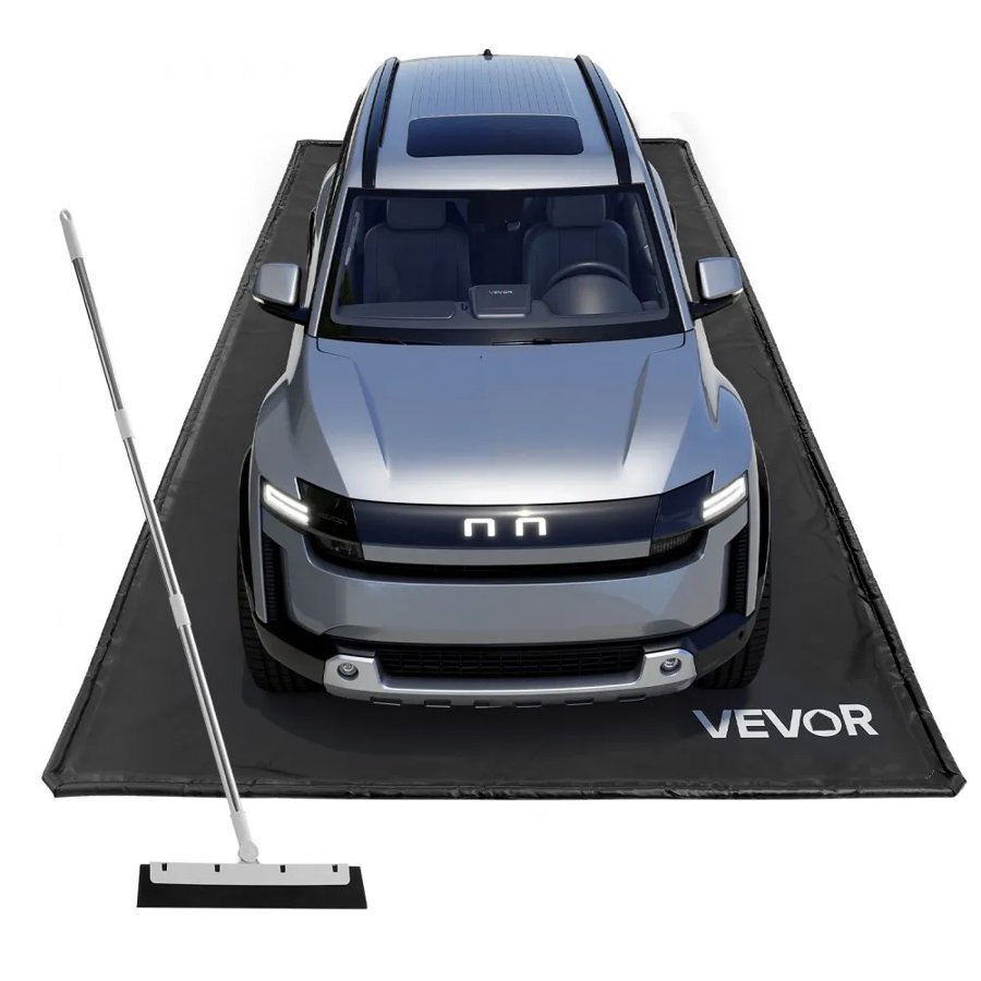 VEVOR Containment Mat, 2.4 x 4.9 m, Non-Slip PVC Garage Floor Mat with a Cleaning Squeegee Broom, Heavy Duty Durable Waterproof Containment Protection from Snow, Rain and Mud for Cars Parking, Black