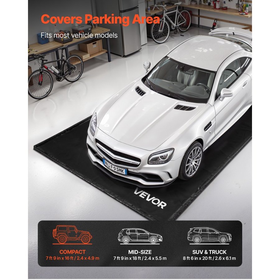 VEVOR Containment Mat, 2.4 x 4.9 m, Non-Slip PVC Garage Floor Mat with a Cleaning Squeegee Broom, Heavy Duty Durable Waterproof Containment Protection from Snow, Rain and Mud for Cars Parking, Black