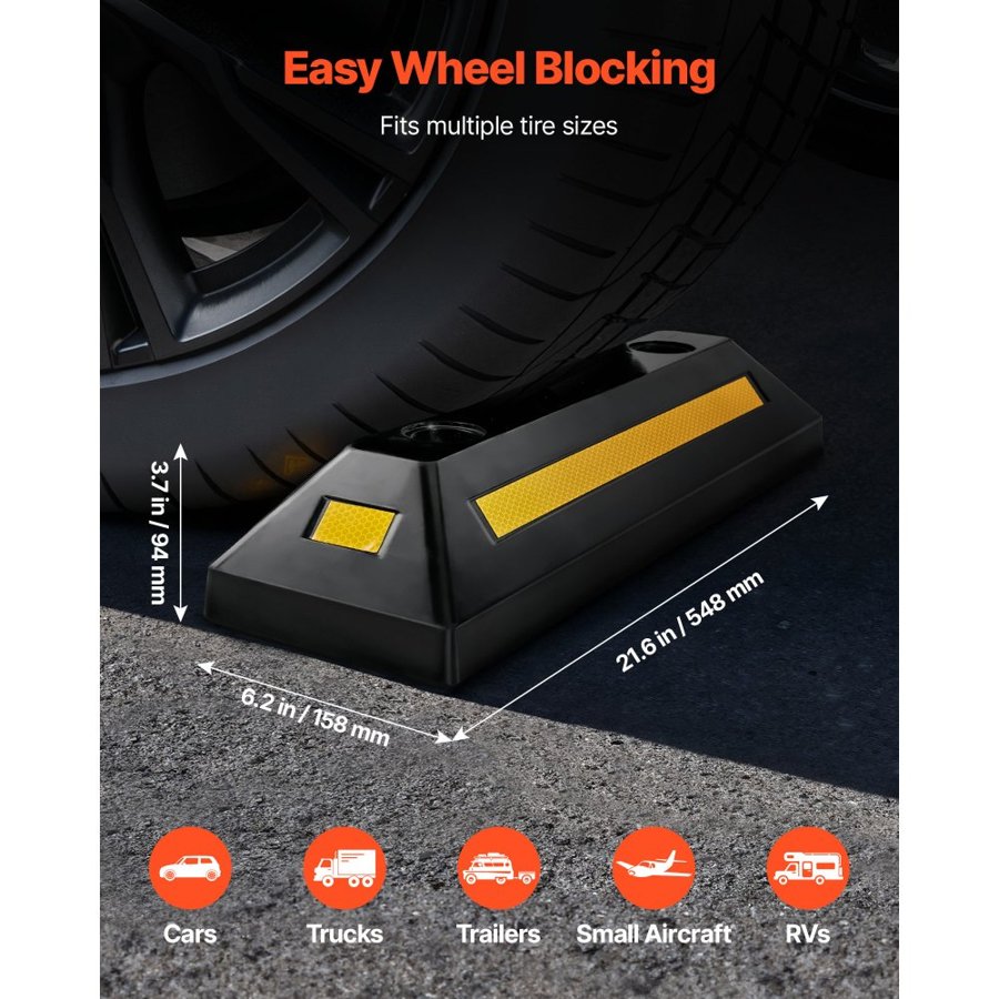 VEVOR Wheel Stops For Garage – 1. 21.6" L, 2. 6.2" W, 3. 3.7" H