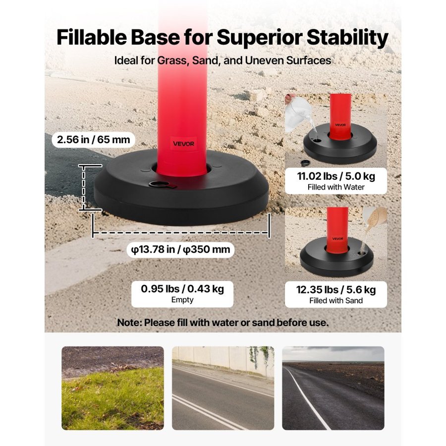 VEVOR 6 Pack Traffic Delineator Posts, 1140 mm Traffic Safety Cones with Fillable Base and Reflective Strips, Heavy Duty Delineator Posts for Construction Site, Parking Lot, Crowd Control, Red