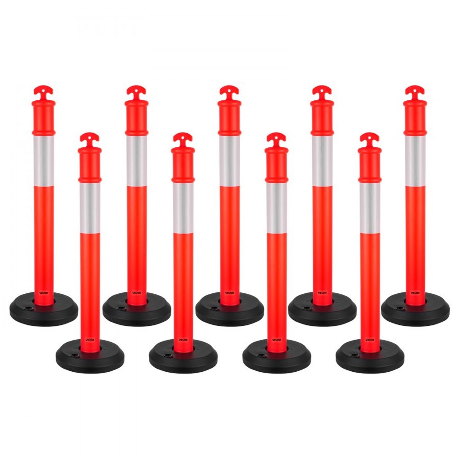 VEVOR 9 Pack Traffic Delineator Posts, 1140 mm Traffic Safety Cones with Fillable Base and Reflective Strips, Heavy Duty Delineator Posts for Construction Site, Parking Lot, Crowd Control, Red