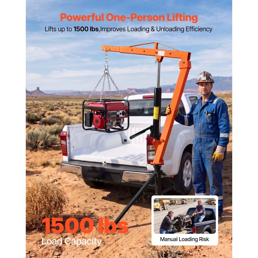 VEVOR Truck Crane, 680 kg Pickup Hitch Crane Trailer Hitch Mounted, Manual Hydraulic with 12T Hydraulic Jack, 360° Swivel Telescopic Boom, Foldable Truck Bed Jib for Machine Lumber Equipment Lifting