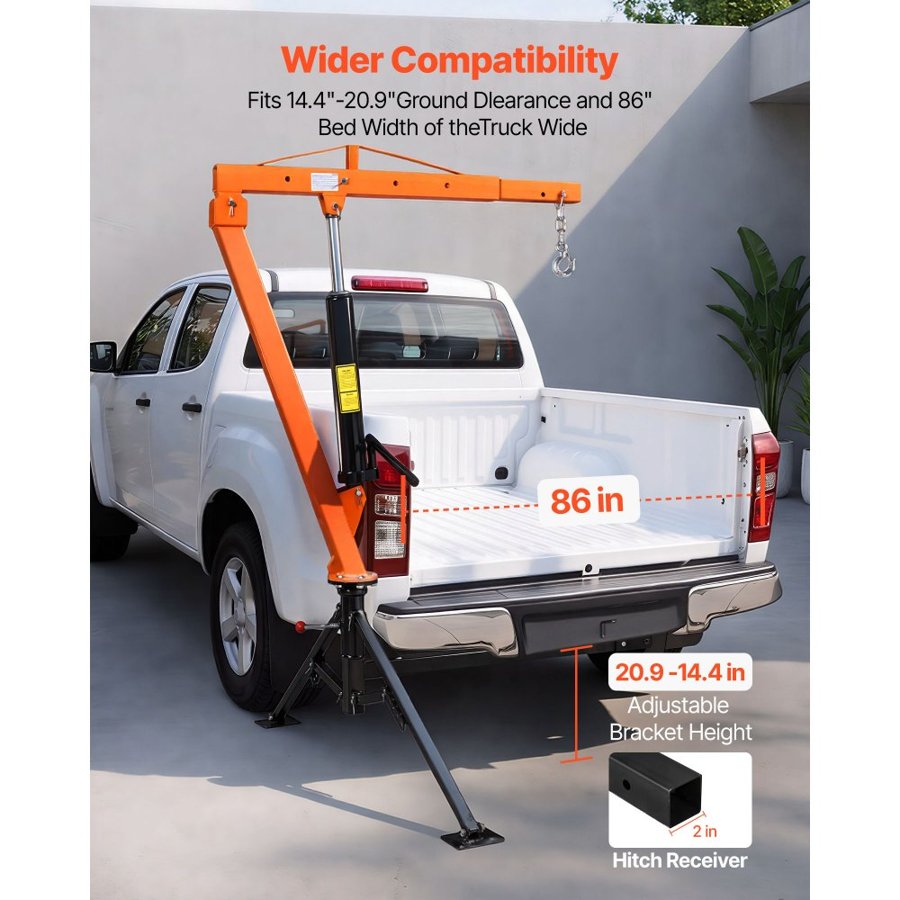 VEVOR Truck Crane, 680 kg Pickup Hitch Crane Trailer Hitch Mounted, Manual Hydraulic with 12T Hydraulic Jack, 360° Swivel Telescopic Boom, Foldable Truck Bed Jib for Machine Lumber Equipment Lifting