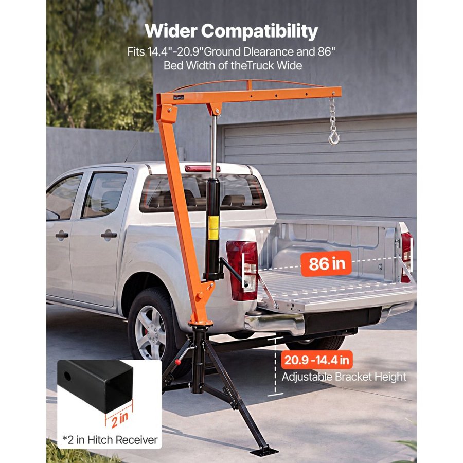 VEVOR Truck Crane, 453.6 kg Pickup Hitch Crane Trailer Hitch Mounted, Manual Hydraulic with 8T Hydraulic Jack, 360° Rotating Telescopic Boom,Foldable Truck Bed Jib for Machine Lumber Equipment Lifting
