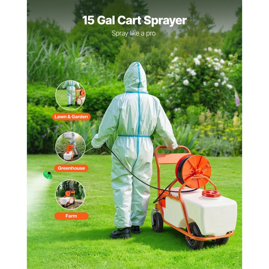 VEVOR Lawn Sprayer with Wheels, Adjustable Pressure 0-90 PSI, Sprayer with 60L Tank, with 8 Nozzles, 2 Wands, Wide Opening Lid for Garden, Weeding, Spraying